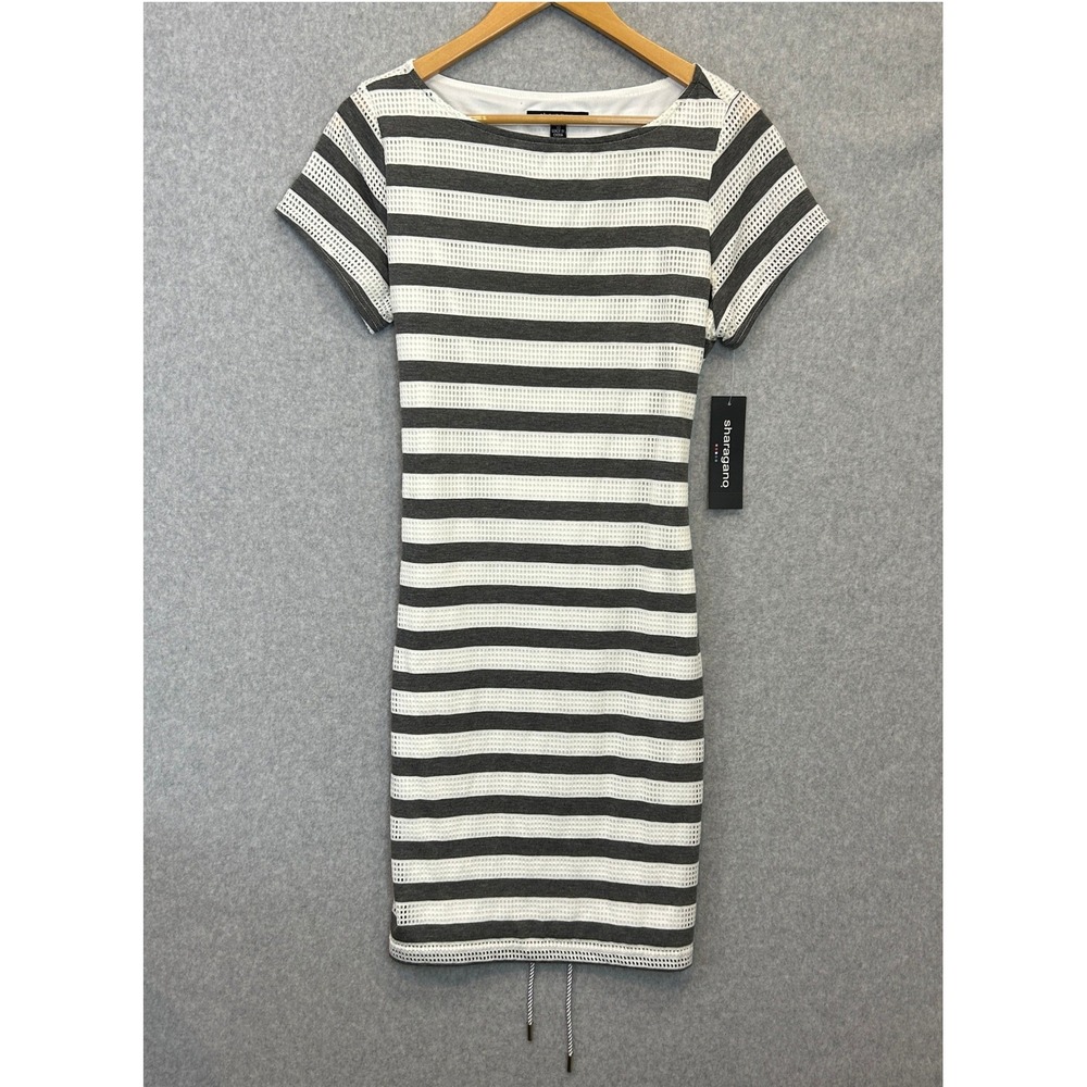 Sharagano Sheath Dress Grey White Striped Mesh Belted Minimalist Size 10 NWT